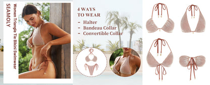 Women's Bikini Sets Halter Fishnet Shell Decorated Two Piece Swimsuit Sexy Side Tie Thong Bandeau Bathing Suits - Seldom Seen Styles