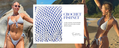 Women's Bikini Sets Halter Fishnet Shell Decorated Two Piece Swimsuit Sexy Side Tie Thong Bandeau Bathing Suits - Seldom Seen Styles