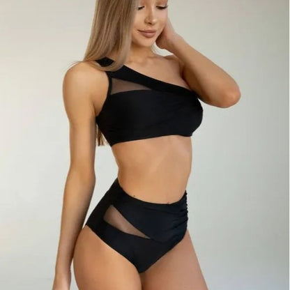 Women's Bikini Sets One Shoulder Two Piece Swimsuit High Waisted Asymmetrical Neck Ruched Cutout Mesh - Seldom Seen Styles