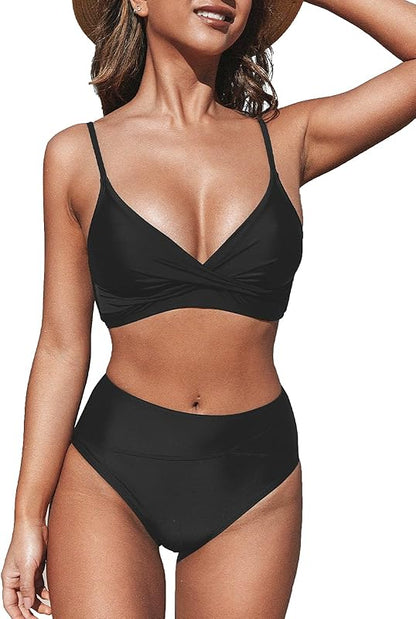 Women's Bikini Sets Two Piece Swimsuit High Waisted V Neck Twist Front Adjustable Spaghetti Straps Bathing Suit - Seldom Seen Styles