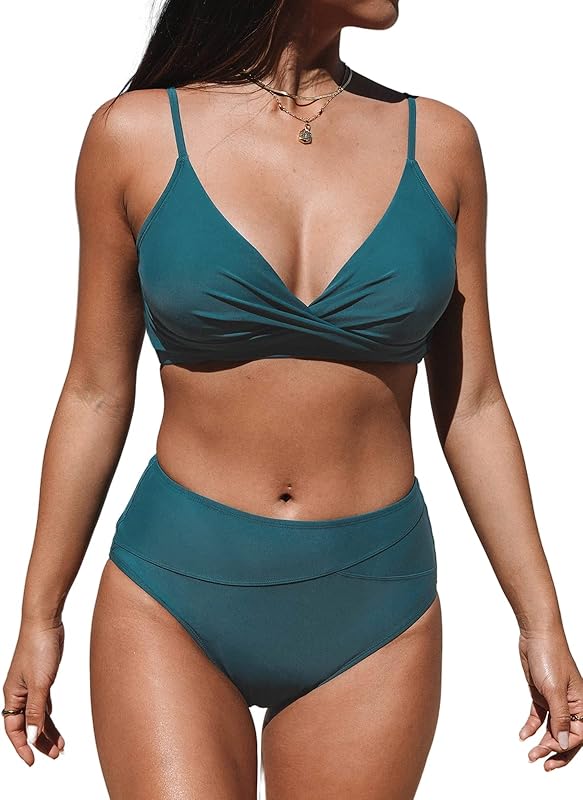 Women's Bikini Sets Two Piece Swimsuit High Waisted V Neck Twist Front Adjustable Spaghetti Straps Bathing Suit - Seldom Seen Styles