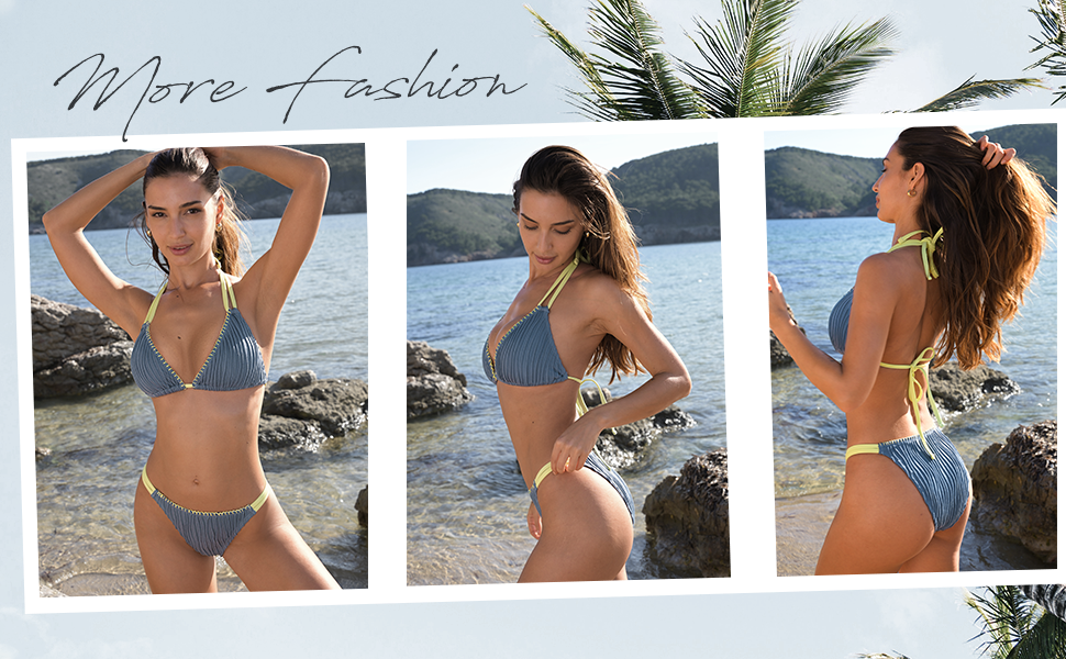 Women's Bikini Sets Two Piece Swimsuit Plunge Neck Triangle Top Halter Double Strap Cheeky Bottom Textured, M - Seldom Seen Styles