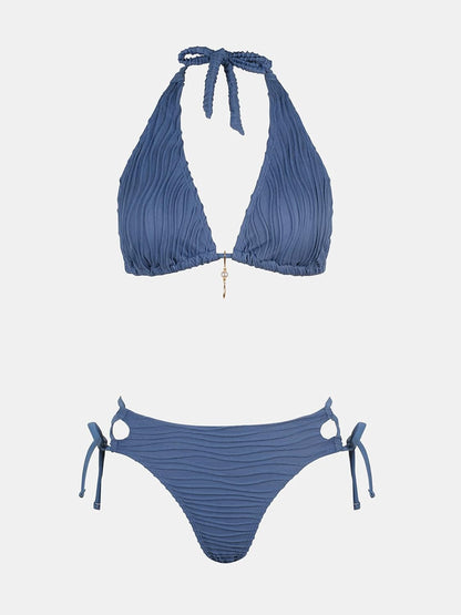 Women's Bikini Sets Two Piece Swimsuit Plunging Neck Halter Cheeky Bottom Low Rise Strappy Side Tie - Seldom Seen Styles