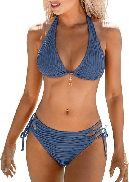 Women's Bikini Sets Two Piece Swimsuit Plunging Neck Halter Cheeky Bottom Low Rise Strappy Side Tie - Seldom Seen Styles