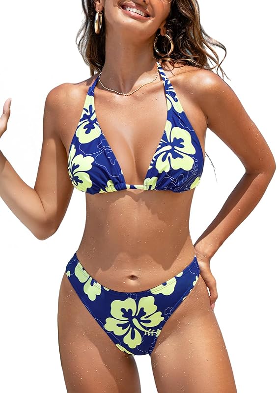 Women's Bikini Sets Two Piece Swimsuit V Neck Halter Back Self Tie Low Rise Bottom - Seldom Seen Styles