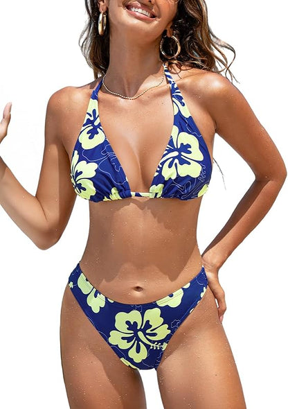 Women's Bikini Sets Two Piece Swimsuit V Neck Halter Back Self Tie Low Rise Bottom - Seldom Seen Styles