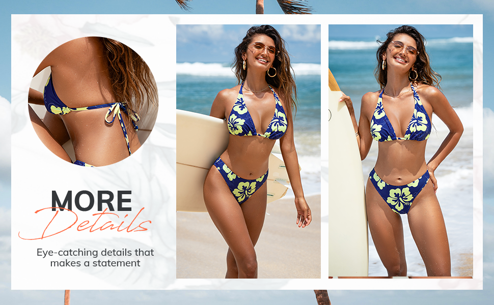 Women's Bikini Sets Two Piece Swimsuit V Neck Halter Back Self Tie Low Rise Bottom - Seldom Seen Styles