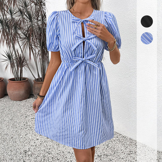 Women's Blue and White Striped Puff Sleeve Dress with Front Bow Details Casual Summer Outings Dress 2025 - Seldom Seen Styles