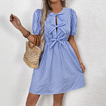 Women's Blue and White Striped Puff Sleeve Dress with Front Bow Details Casual Summer Outings Dress 2025 - Seldom Seen Styles