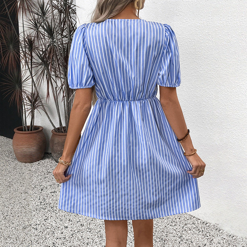 Women's Blue and White Striped Puff Sleeve Dress with Front Bow Details Casual Summer Outings Dress 2025 - Seldom Seen Styles