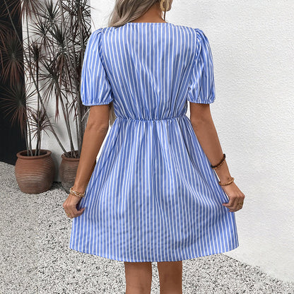 Women's Blue and White Striped Puff Sleeve Dress with Front Bow Details Casual Summer Outings Dress 2025 - Seldom Seen Styles