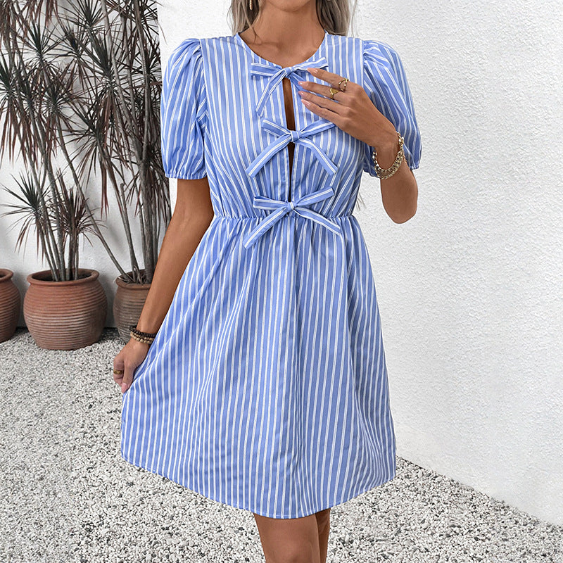 Women's Blue and White Striped Puff Sleeve Dress with Front Bow Details Casual Summer Outings Dress 2025 - Seldom Seen Styles