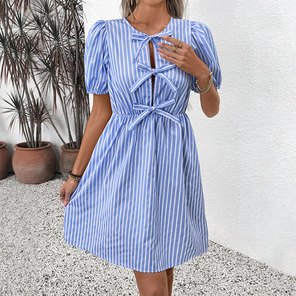 Women's Blue and White Striped Puff Sleeve Dress with Front Bow Details Casual Summer Outings Dress 2025 - Seldom Seen Styles