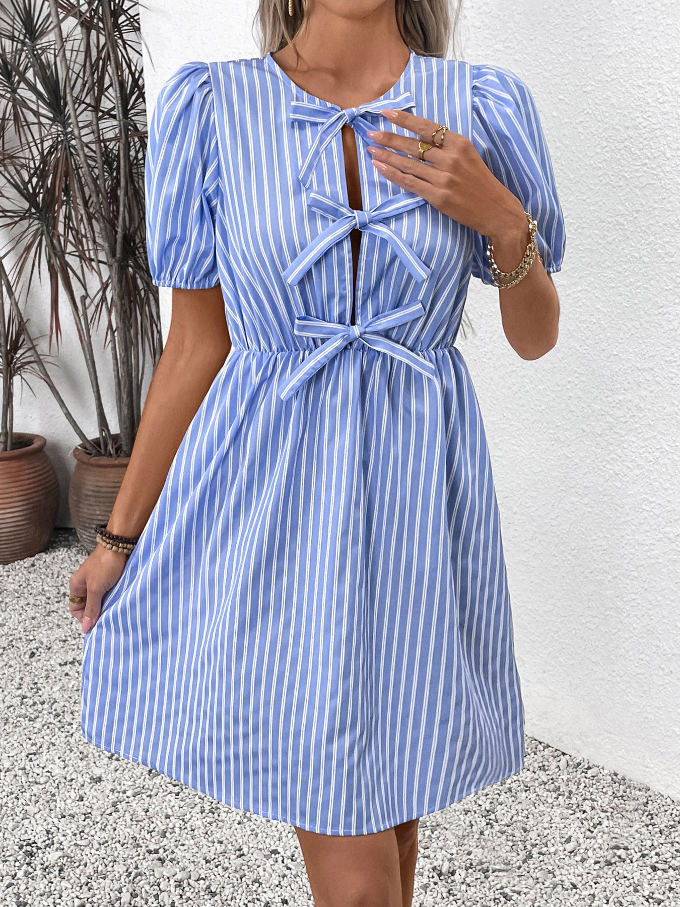 Women's Blue and White Striped Puff Sleeve Dress with Front Bow Details Casual Summer Outings Dress 2025 - Seldom Seen Styles