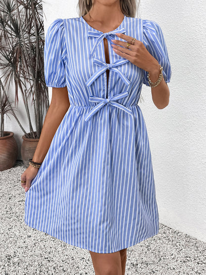 Women's Blue and White Striped Puff Sleeve Dress with Front Bow Details Casual Summer Outings Dress 2025 - Seldom Seen Styles