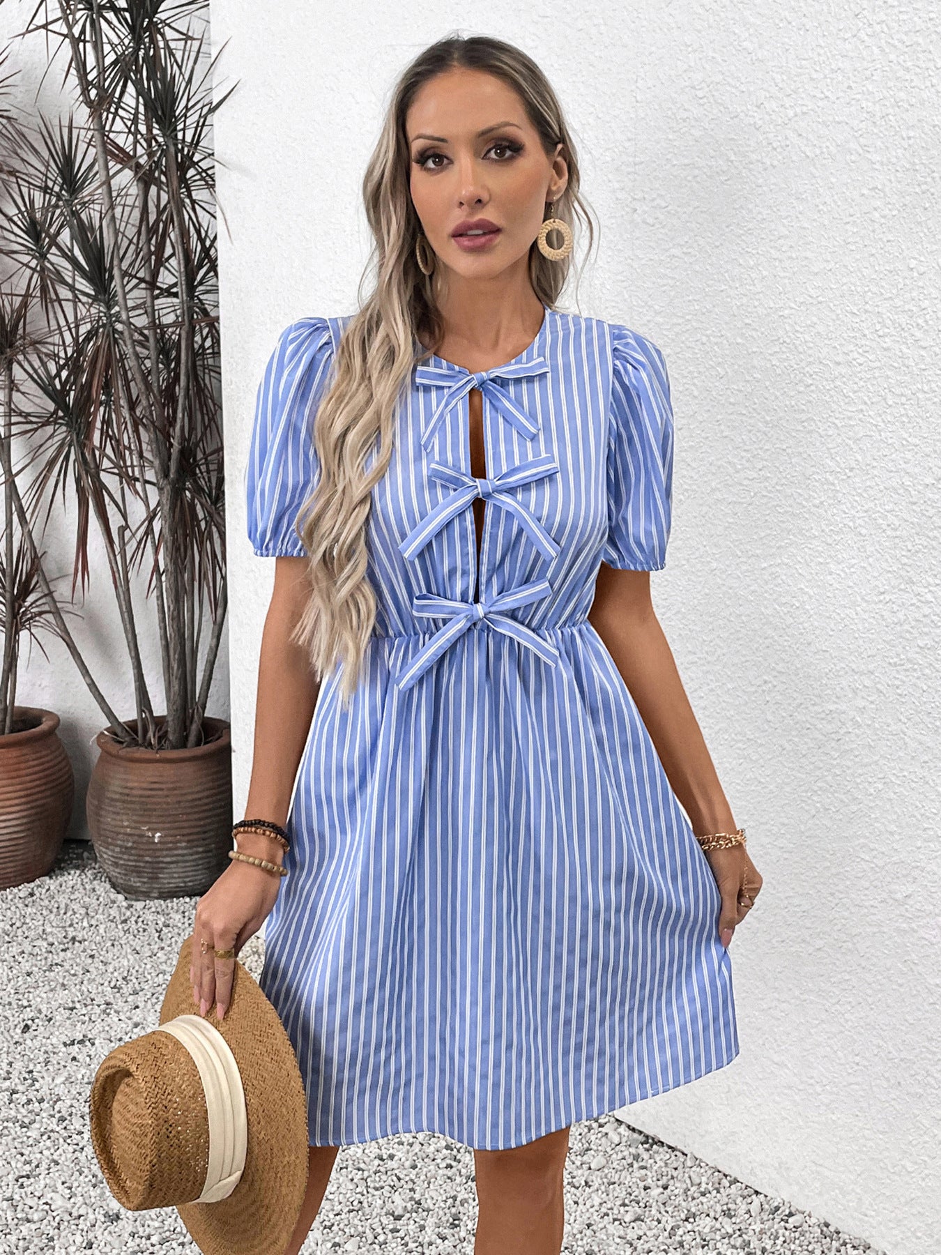 Women's Blue and White Striped Puff Sleeve Dress with Front Bow Details Casual Summer Outings Dress 2025 - Seldom Seen Styles