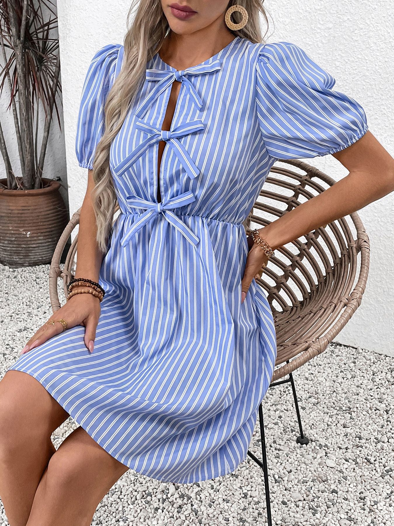 Women's Blue and White Striped Puff Sleeve Dress with Front Bow Details Casual Summer Outings Dress 2025 - Seldom Seen Styles