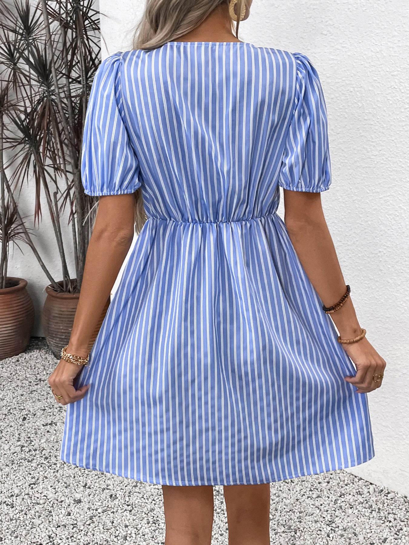 Women's Blue and White Striped Puff Sleeve Dress with Front Bow Details Casual Summer Outings Dress 2025 - Seldom Seen Styles