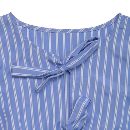 Women's Blue and White Striped Puff Sleeve Dress with Front Bow Details Casual Summer Outings Dress 2025 - Seldom Seen Styles
