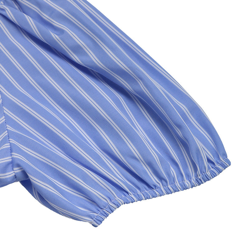 Women's Blue and White Striped Puff Sleeve Dress with Front Bow Details Casual Summer Outings Dress 2025 - Seldom Seen Styles