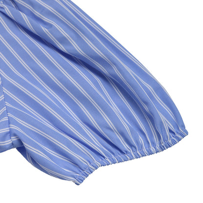 Women's Blue and White Striped Puff Sleeve Dress with Front Bow Details Casual Summer Outings Dress 2025 - Seldom Seen Styles