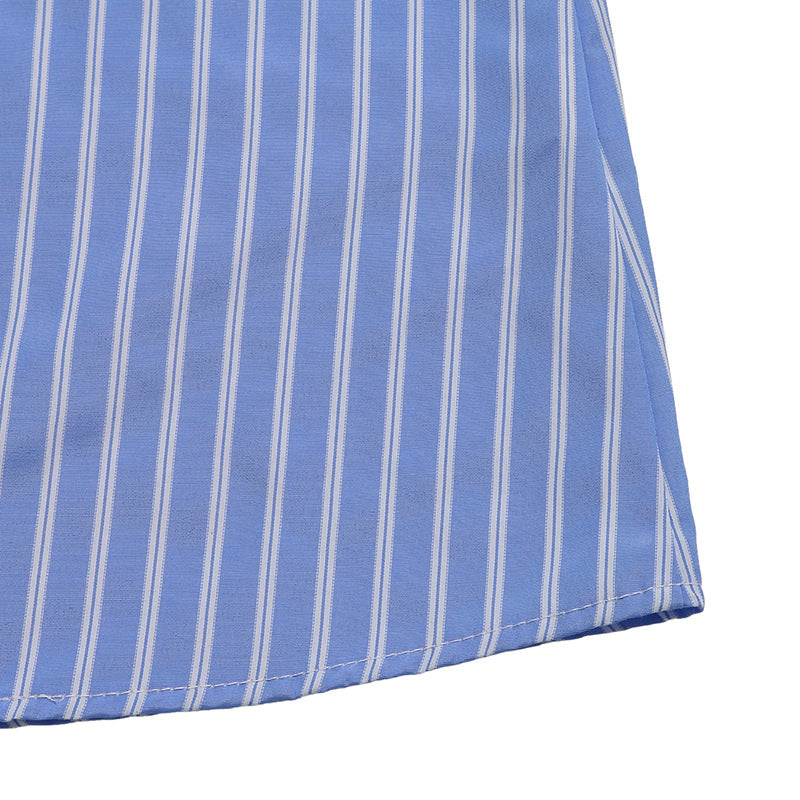 Women's Blue and White Striped Puff Sleeve Dress with Front Bow Details Casual Summer Outings Dress 2025 - Seldom Seen Styles