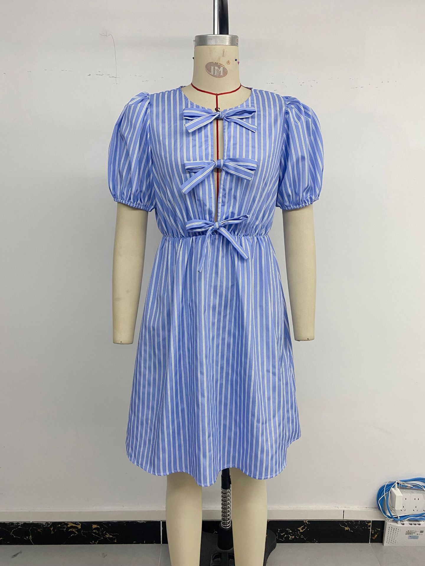 Women's Blue and White Striped Puff Sleeve Dress with Front Bow Details Casual Summer Outings Dress 2025 - Seldom Seen Styles