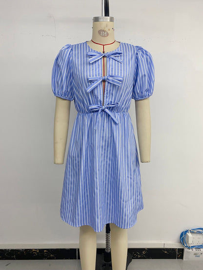 Women's Blue and White Striped Puff Sleeve Dress with Front Bow Details Casual Summer Outings Dress 2025 - Seldom Seen Styles