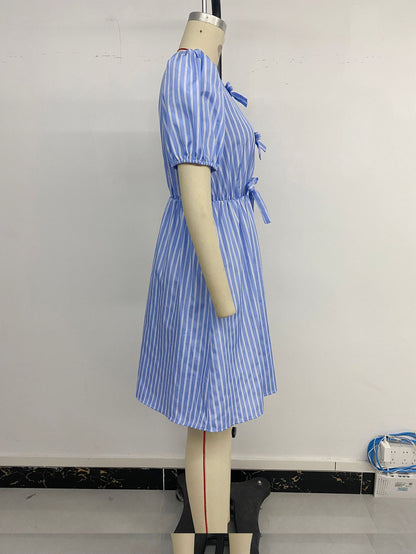 Women's Blue and White Striped Puff Sleeve Dress with Front Bow Details Casual Summer Outings Dress 2025 - Seldom Seen Styles