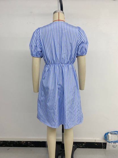 Women's Blue and White Striped Puff Sleeve Dress with Front Bow Details Casual Summer Outings Dress 2025 - Seldom Seen Styles