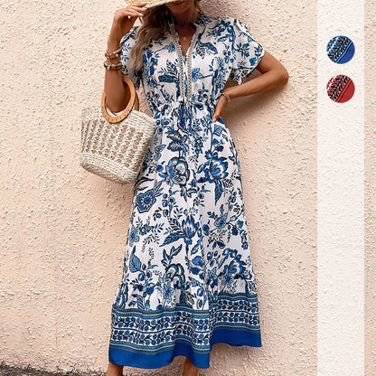 Women's  Boho Floral Maxi Dress Curvy Short Sleeve Shirred Squared Neck Flomal Long Dress - Seldom Seen Styles
