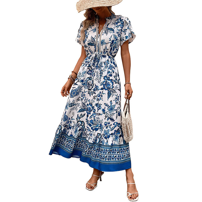 Women's  Boho Floral Maxi Dress Curvy Short Sleeve Shirred Squared Neck Flomal Long Dress - Seldom Seen Styles