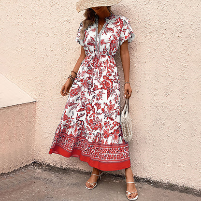 Women's  Boho Floral Maxi Dress Curvy Short Sleeve Shirred Squared Neck Flomal Long Dress - Seldom Seen Styles