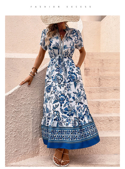 Women's  Boho Floral Maxi Dress Curvy Short Sleeve Shirred Squared Neck Flomal Long Dress - Seldom Seen Styles