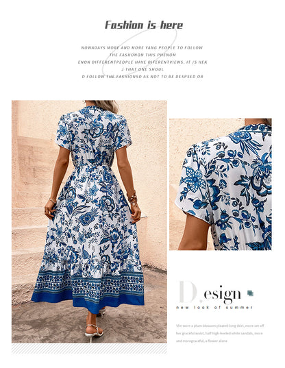 Women's  Boho Floral Maxi Dress Curvy Short Sleeve Shirred Squared Neck Flomal Long Dress - Seldom Seen Styles