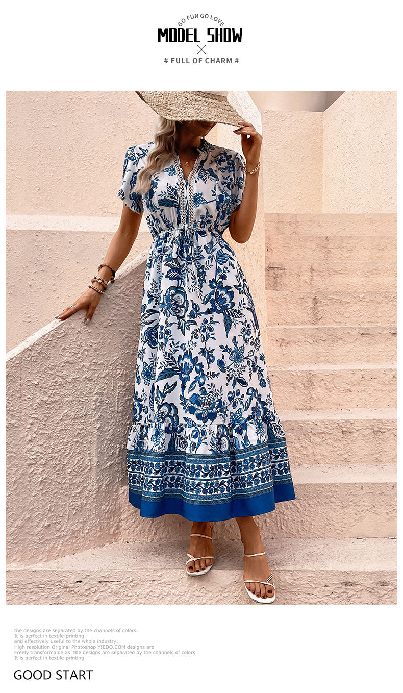 Women's  Boho Floral Maxi Dress Curvy Short Sleeve Shirred Squared Neck Flomal Long Dress - Seldom Seen Styles
