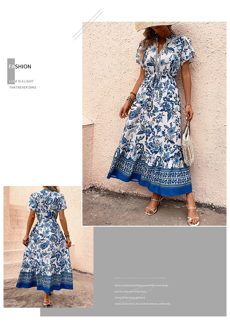 Women's  Boho Floral Maxi Dress Curvy Short Sleeve Shirred Squared Neck Flomal Long Dress - Seldom Seen Styles