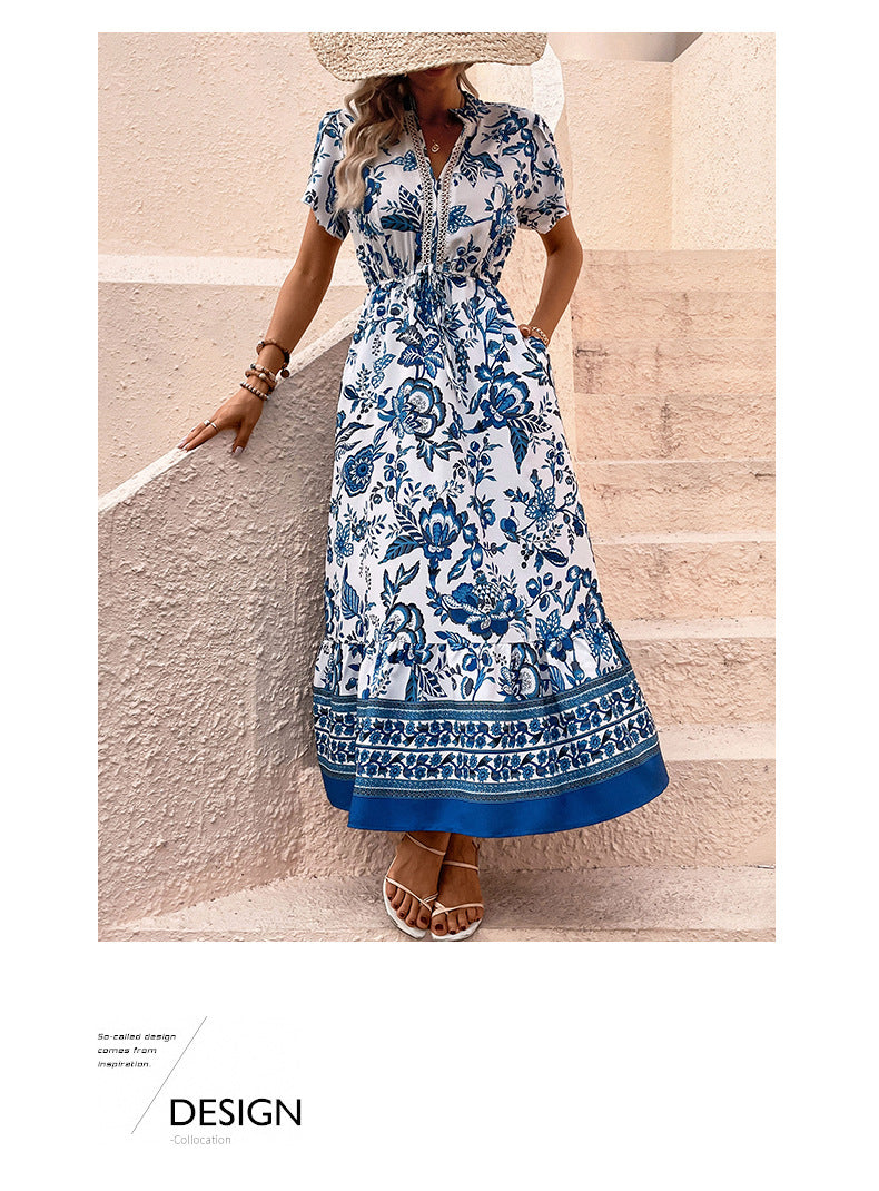 Women's  Boho Floral Maxi Dress Curvy Short Sleeve Shirred Squared Neck Flomal Long Dress - Seldom Seen Styles