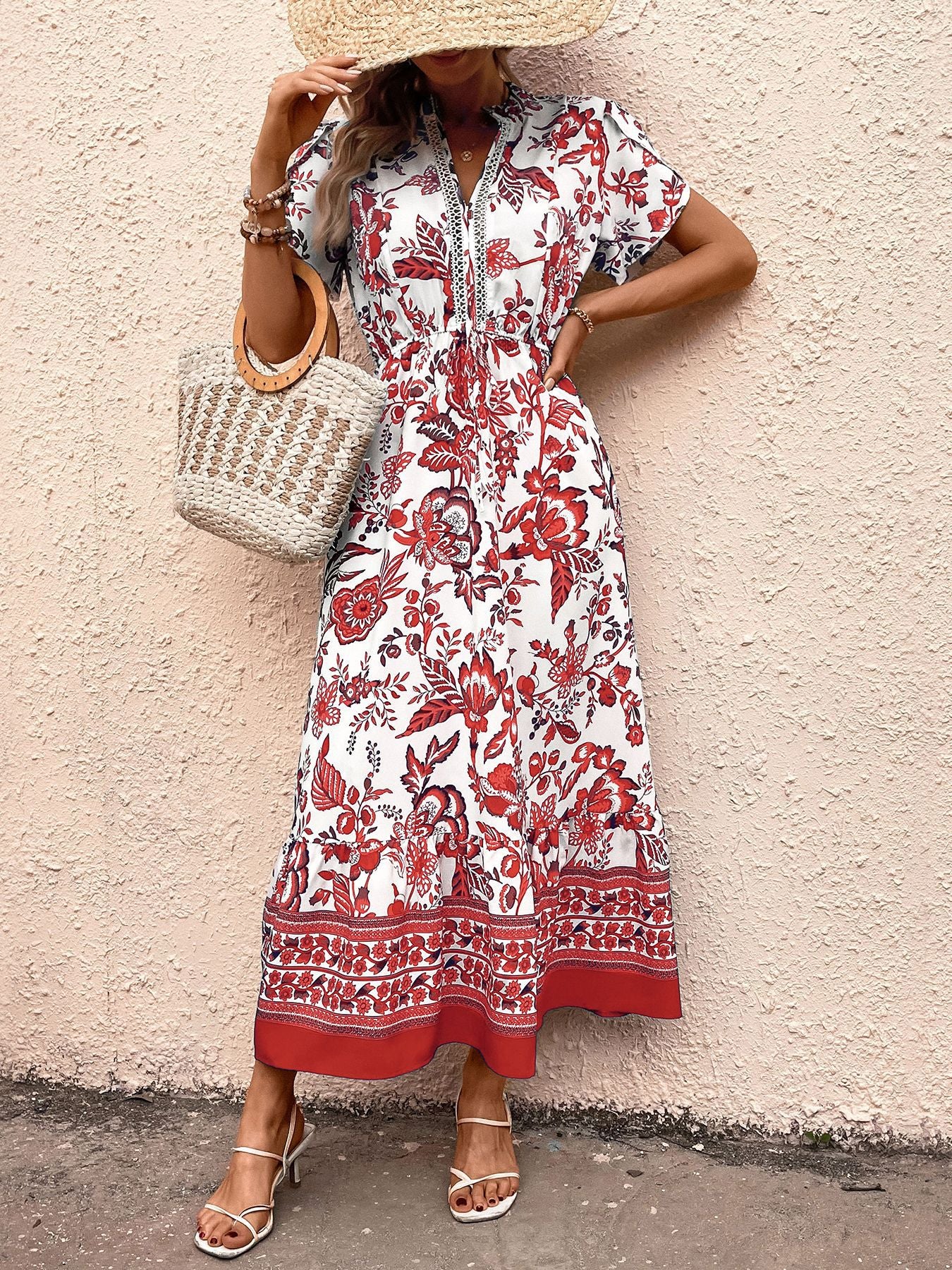 Women's  Boho Floral Maxi Dress Curvy Short Sleeve Shirred Squared Neck Flomal Long Dress - Seldom Seen Styles