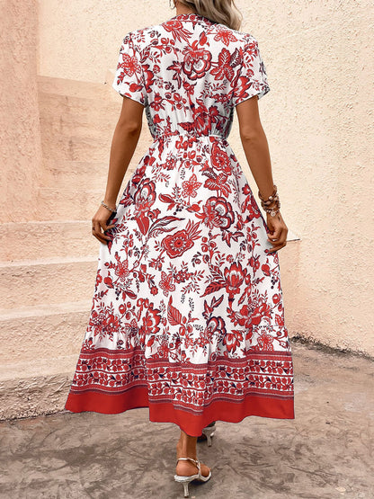 Women's  Boho Floral Maxi Dress Curvy Short Sleeve Shirred Squared Neck Flomal Long Dress - Seldom Seen Styles