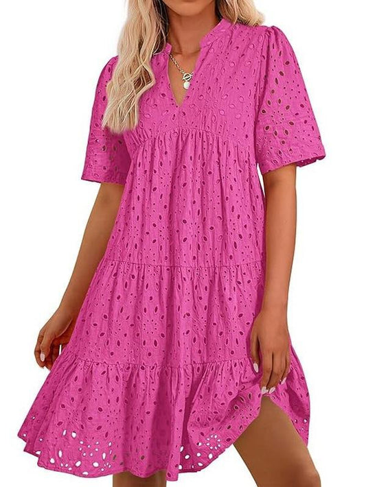 Women's Boho Summer Dresses 2025 Resort V Neck Short Sleeve Hollow Out Lace Ruffle Casual Beach Mini Vacation Dress #springtok - Seldom Seen Styles
