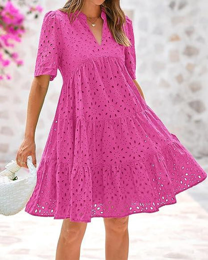 Women's Boho Summer Dresses 2025 Resort V Neck Short Sleeve Hollow Out Lace Ruffle Casual Beach Mini Vacation Dress #springtok - Seldom Seen Styles