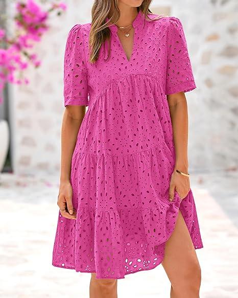 Women's Boho Summer Dresses 2025 Resort V Neck Short Sleeve Hollow Out Lace Ruffle Casual Beach Mini Vacation Dress #springtok - Seldom Seen Styles