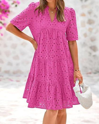 Women's Boho Summer Dresses 2025 Resort V Neck Short Sleeve Hollow Out Lace Ruffle Casual Beach Mini Vacation Dress #springtok - Seldom Seen Styles