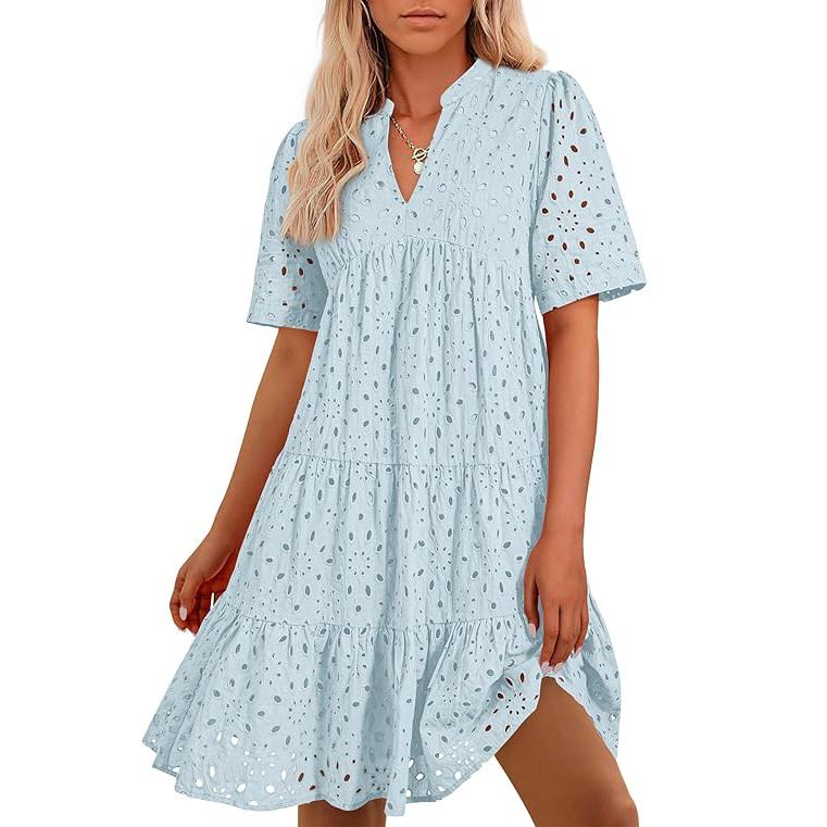 Women's Boho Summer Dresses 2025 Resort V Neck Short Sleeve Hollow Out Lace Ruffle Casual Beach Mini Vacation Dress #springtok - Seldom Seen Styles