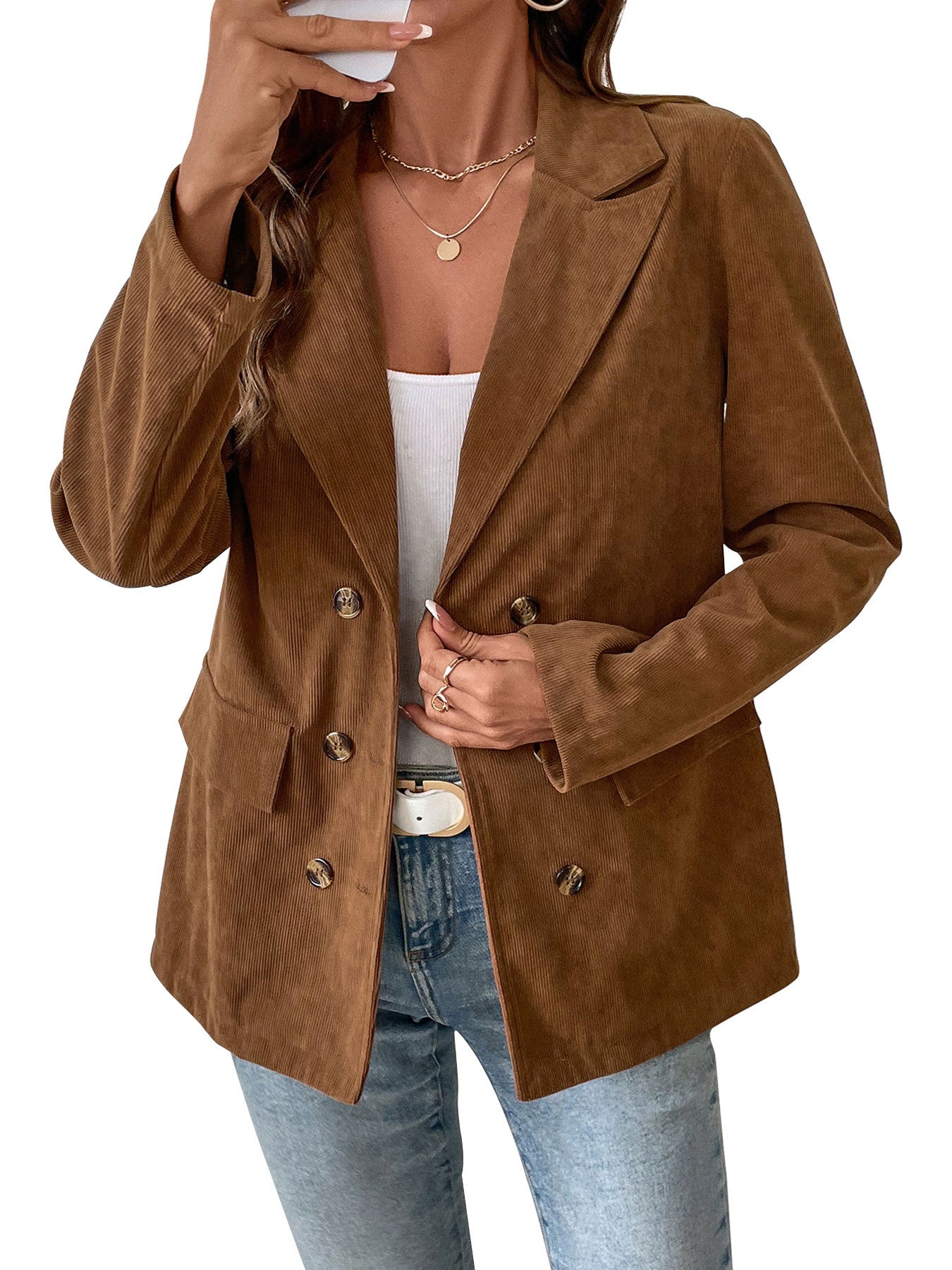 Women's Business Casual Corduroy Blazer Jacket Notch Lapel Double Breasted Suit Jacket - Seldom Seen Styles
