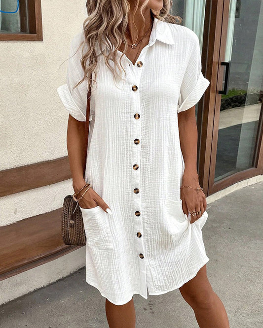 Women's Button Down Linen Shirt Dress With Pockets - Seldom Seen Styles