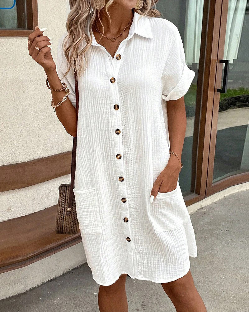 Women's Button Down Linen Shirt Dress With Pockets - Seldom Seen Styles