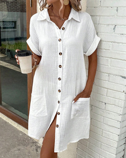 Women's Button Down Linen Shirt Dress With Pockets - Seldom Seen Styles