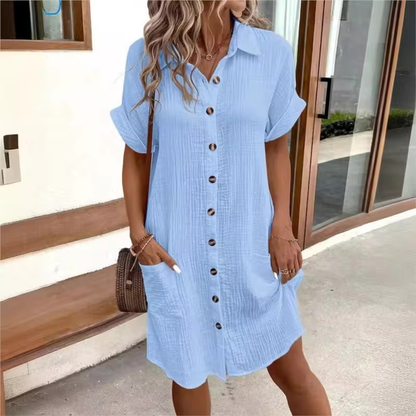 Women's Button Down Linen Shirt Dress With Pockets - Seldom Seen Styles